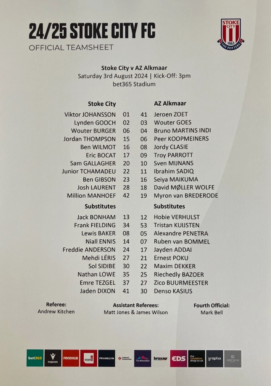 AZ Programma 3-aug-2024 Stoke City away
